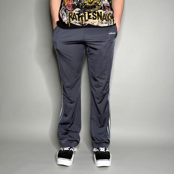 Vintage Adidas Sweatpants Grey Polyester Light Blue 3 Stripes White Y2K - Picture 2 of 4